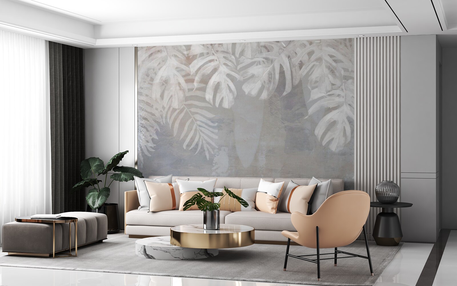 Papier peint feuilles de palmier blanc