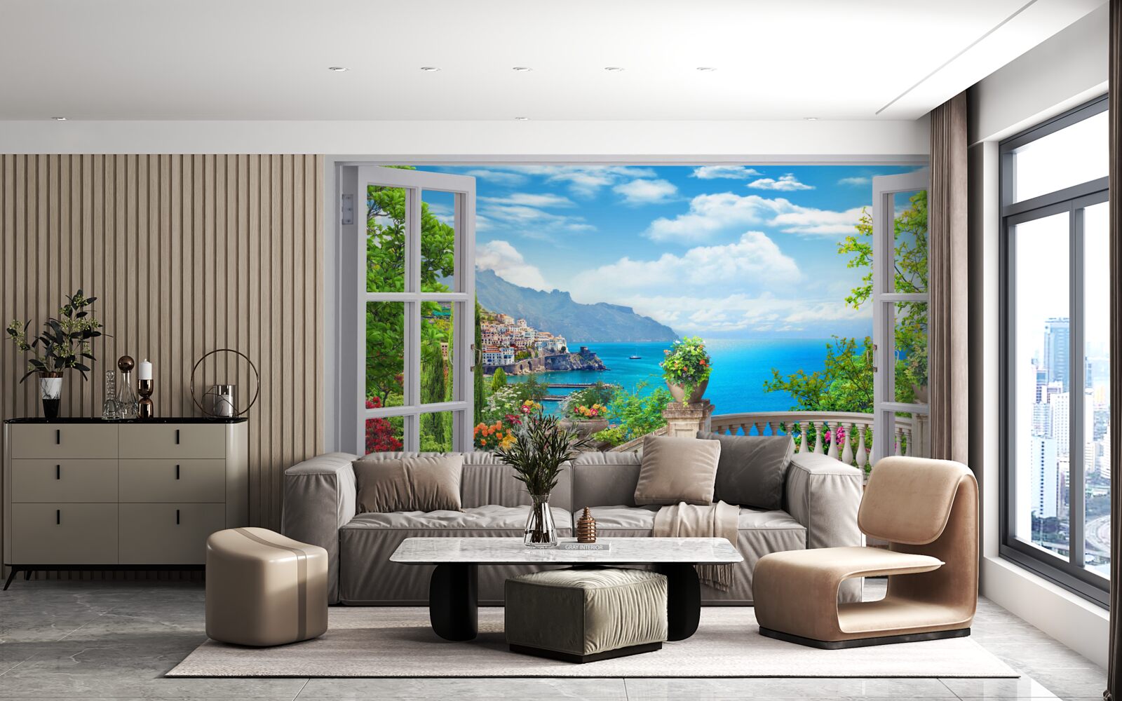 Papier peint appartement forestier avec véranda