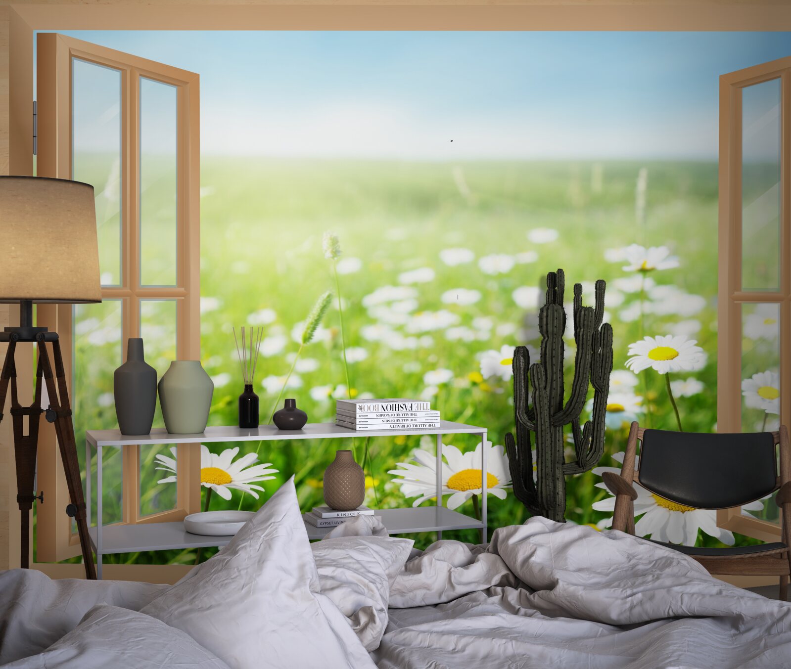 Papier peint panorama d'un champ de camomille