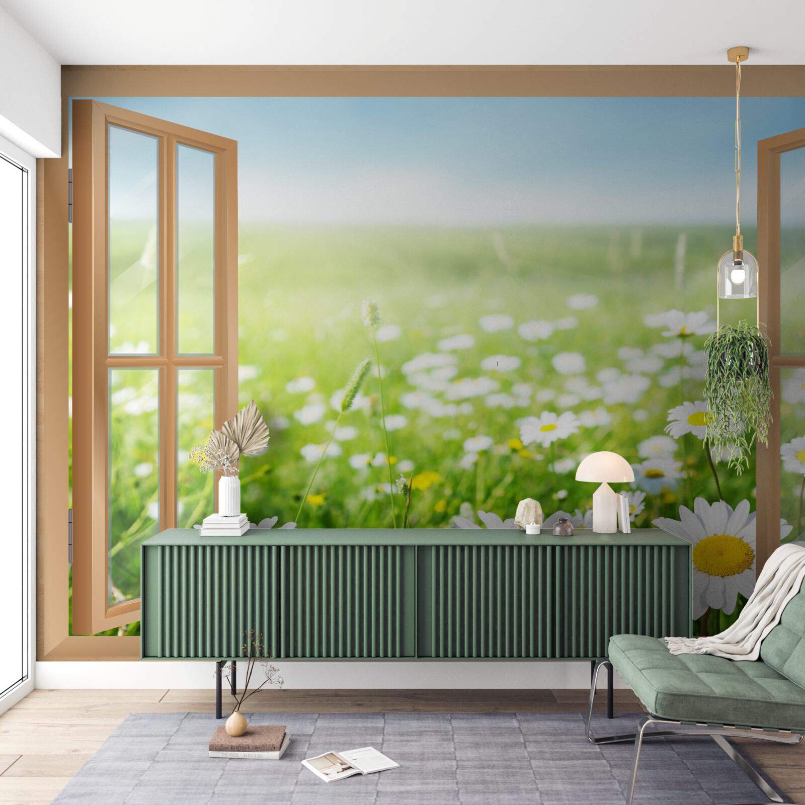 Papier peint panorama d'un champ de camomille