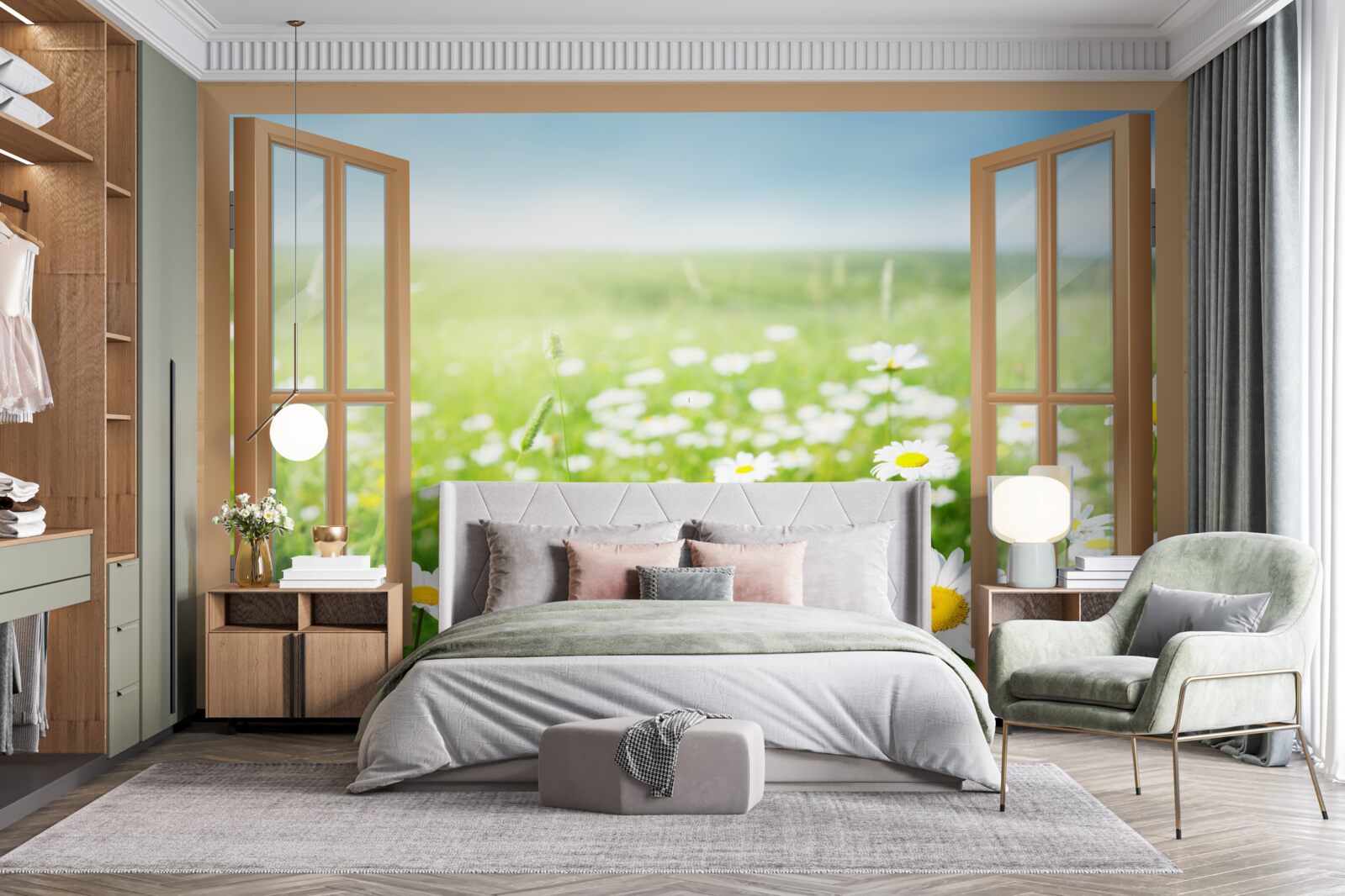 Papier peint panorama d'un champ de camomille