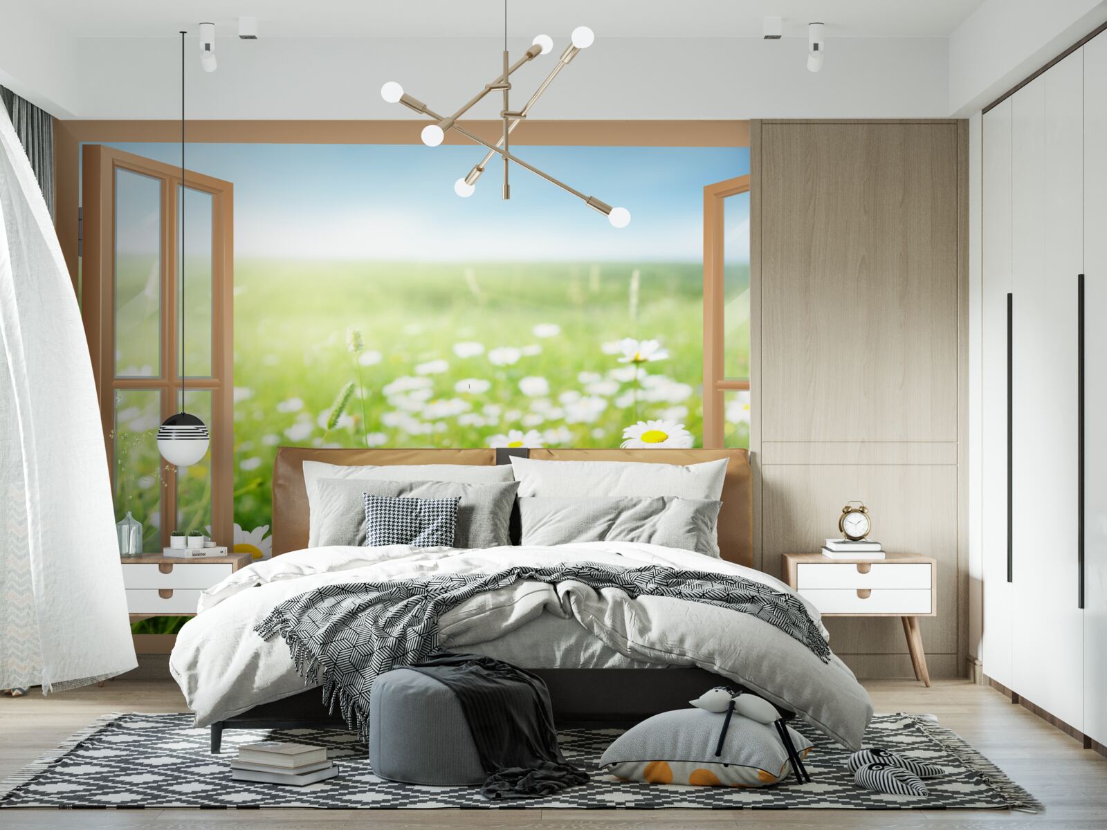 Papier peint panorama d'un champ de camomille