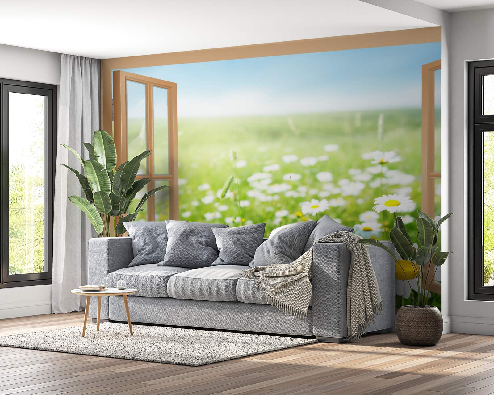 Papier peint panorama d'un champ de camomille