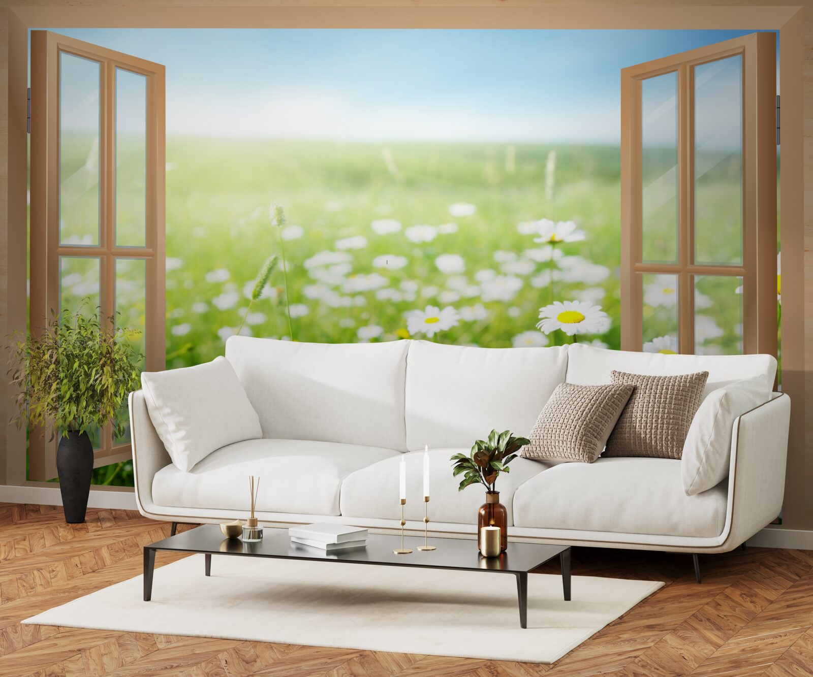 Papier peint panorama d'un champ de camomille