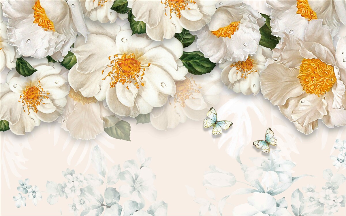 Papier peint grandes fleurs blanches avec un centre jaune