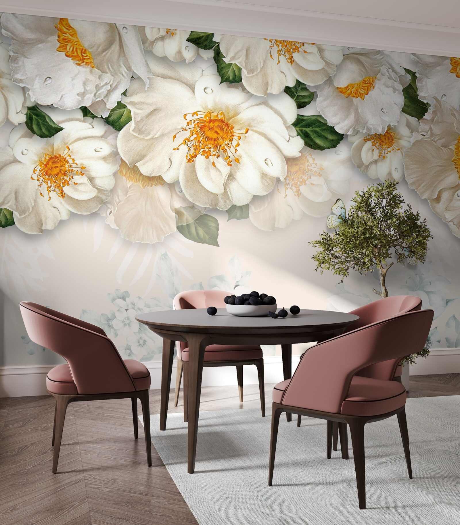 Papier peint grandes fleurs blanches avec un centre jaune