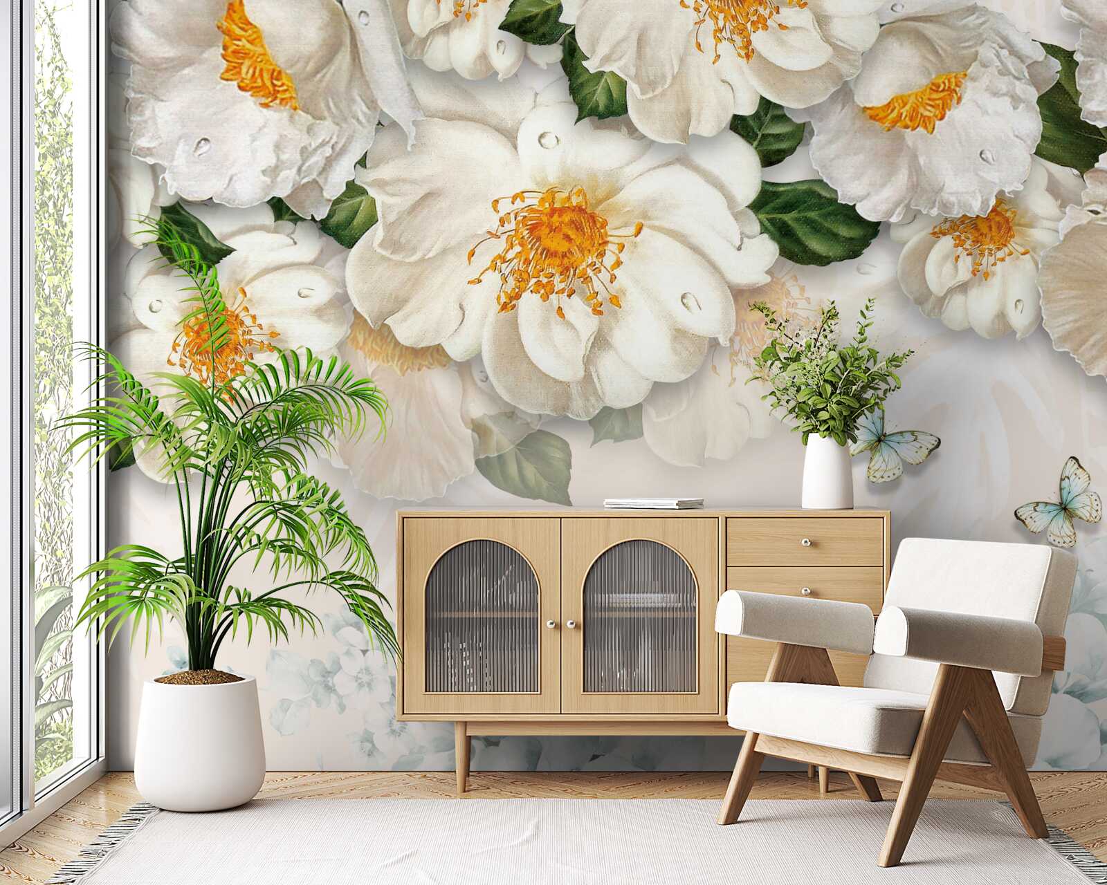 Papier peint grandes fleurs blanches avec un centre jaune