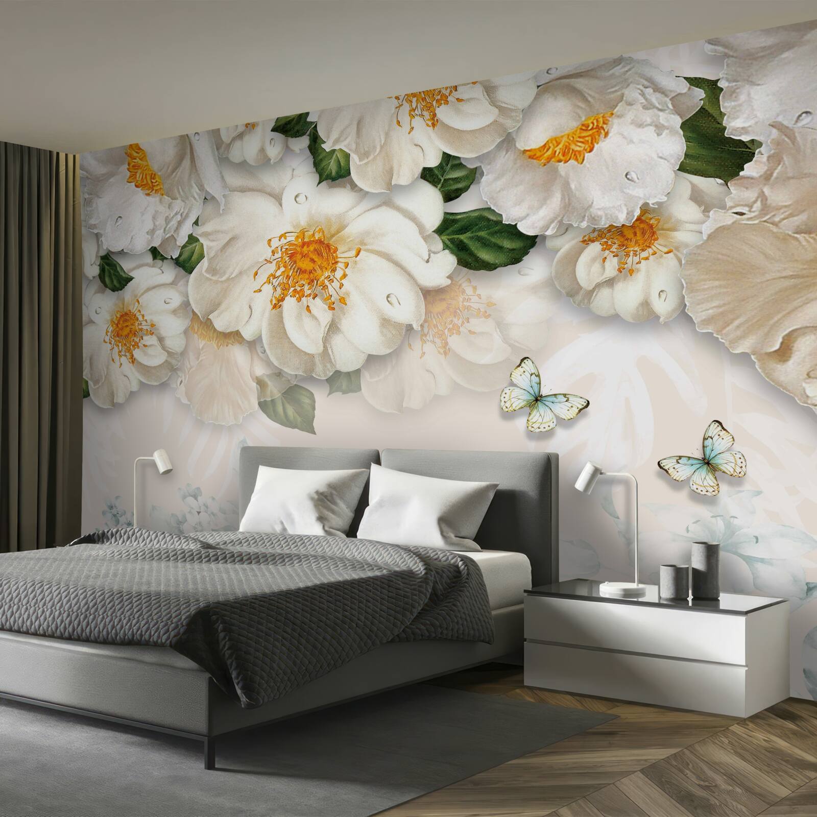 Papier peint grandes fleurs blanches avec un centre jaune