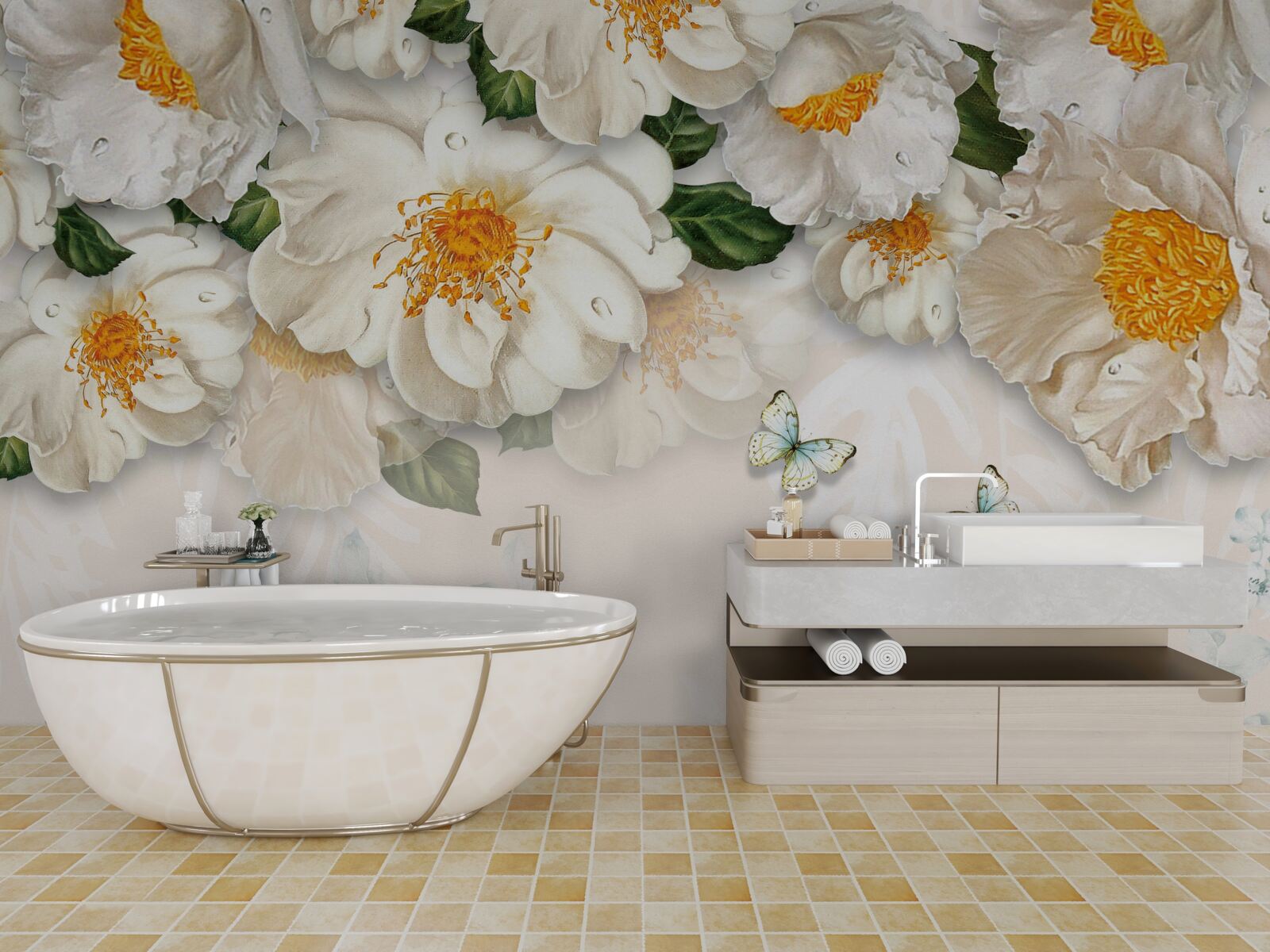 Papier peint grandes fleurs blanches avec un centre jaune