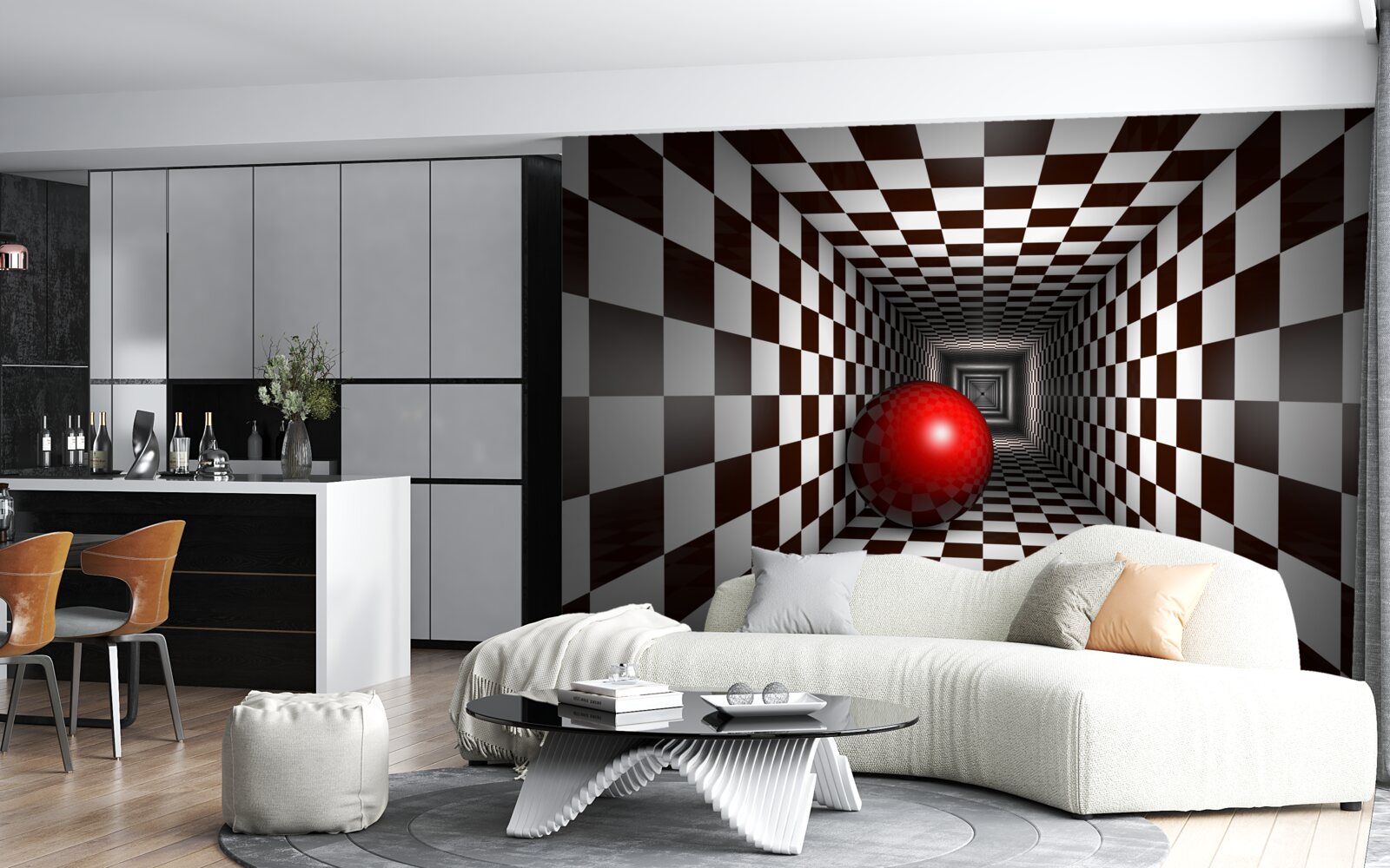 Papier peint une boule rouge dans un couloir décoré comme un échiquier