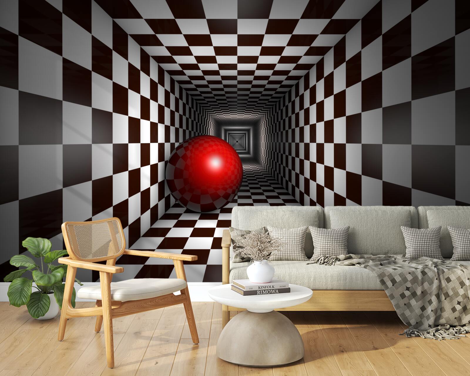 Papier peint une boule rouge dans un couloir décoré comme un échiquier