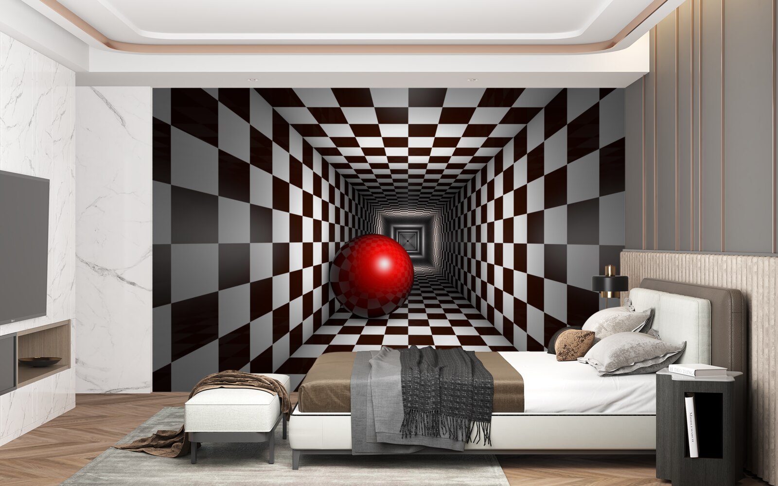 Papier peint une boule rouge dans un couloir décoré comme un échiquier