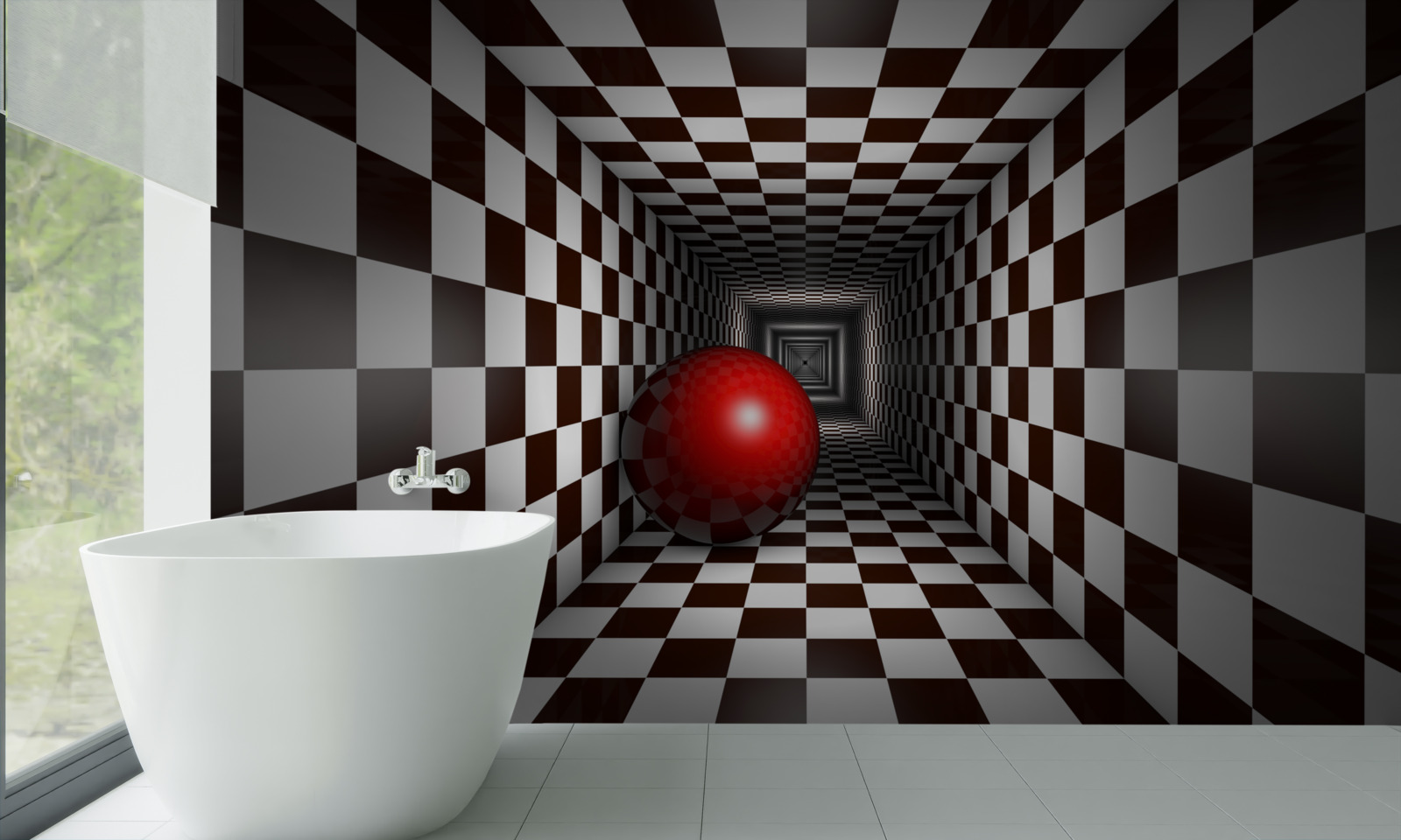 Papier peint une boule rouge dans un couloir décoré comme un échiquier