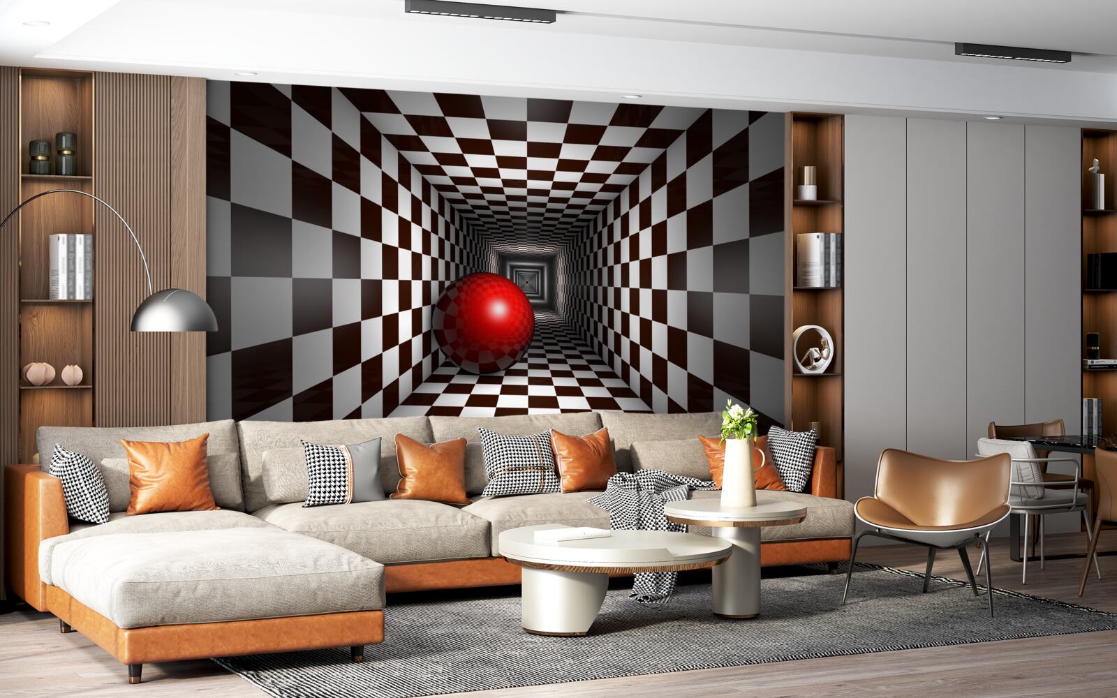 Papier peint une boule rouge dans un couloir décoré comme un échiquier