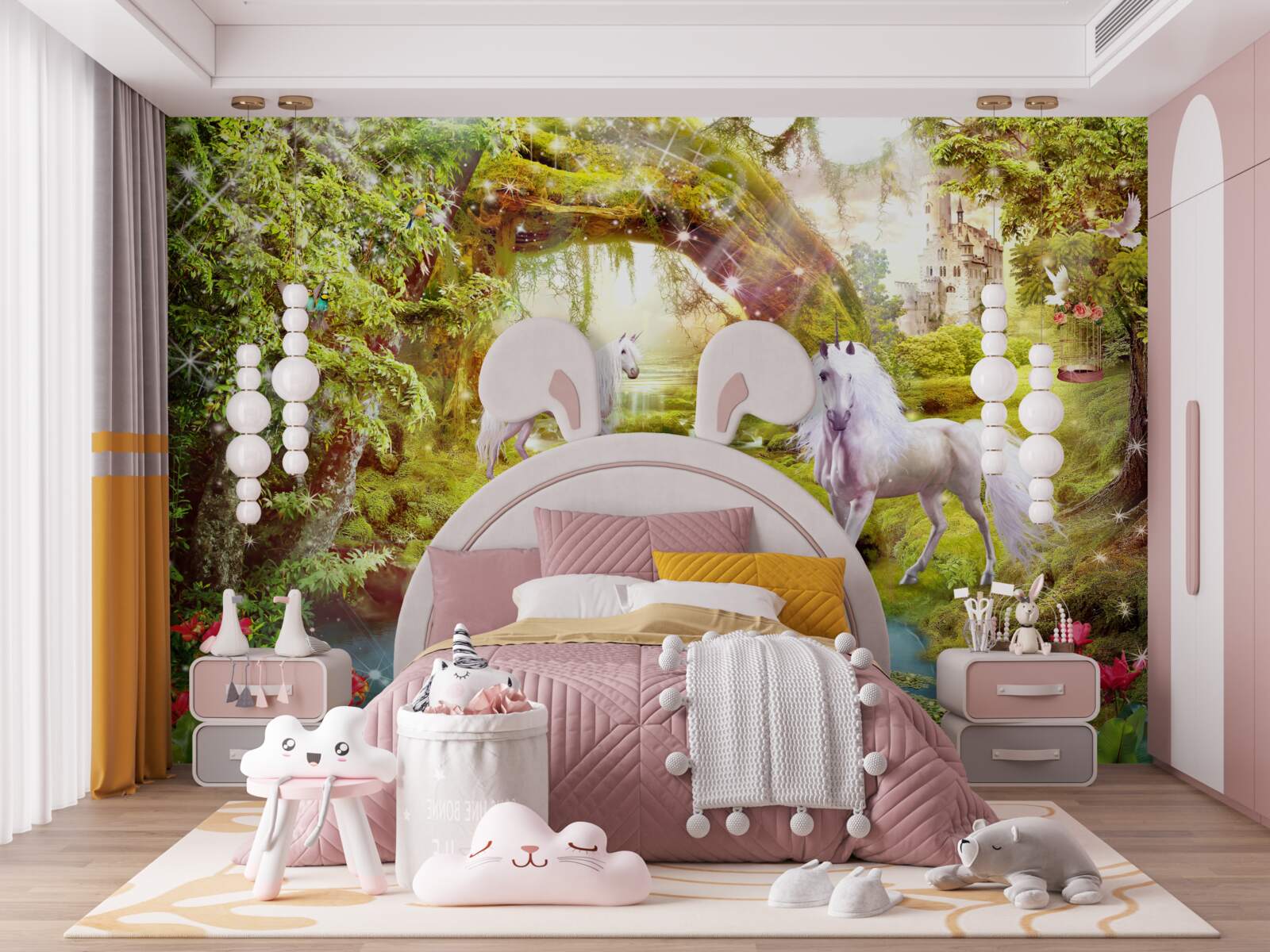 Papier peint licornes blanches près d'un lac dans la forêt