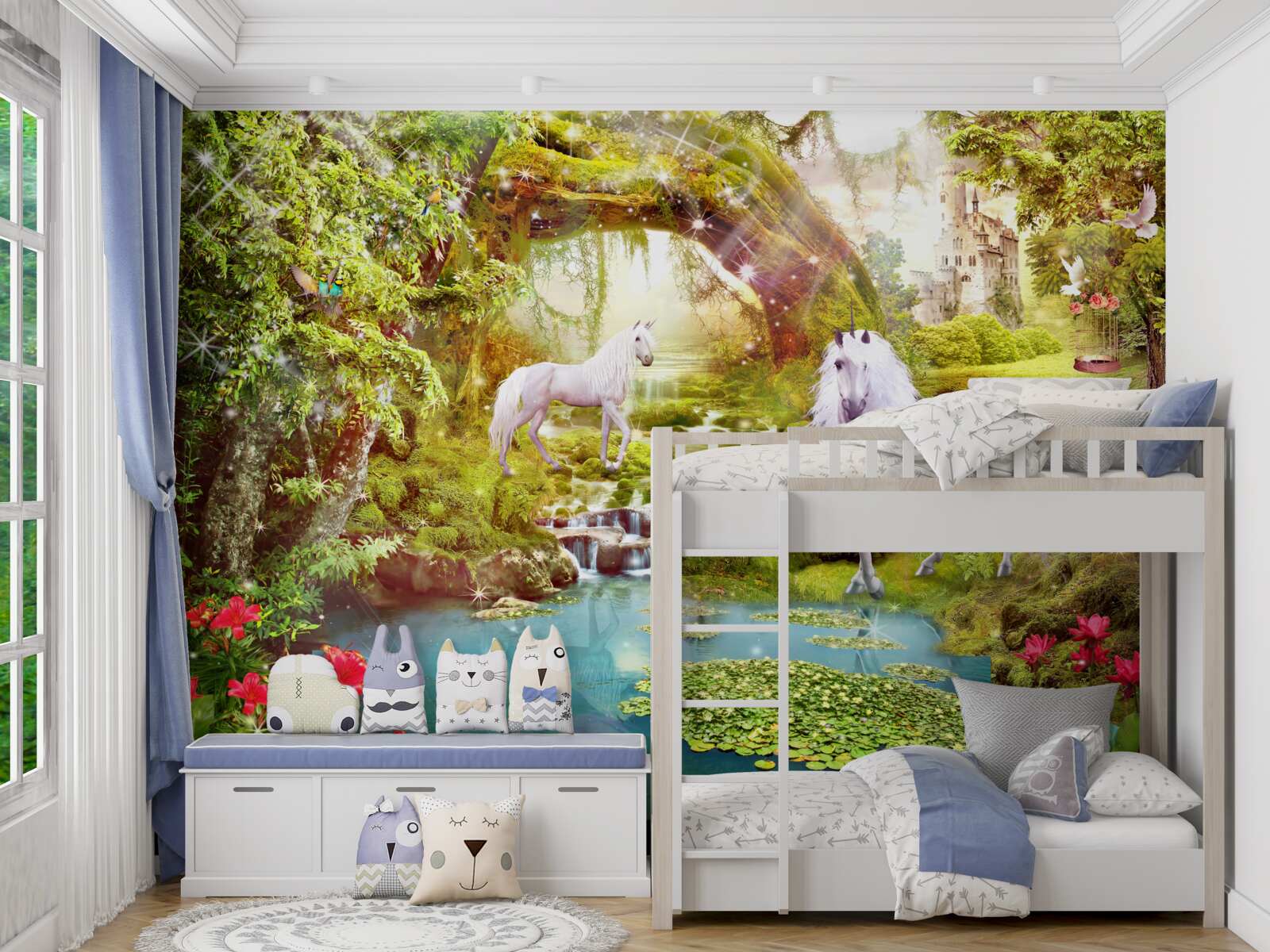 Papier peint licornes blanches près d'un lac dans la forêt