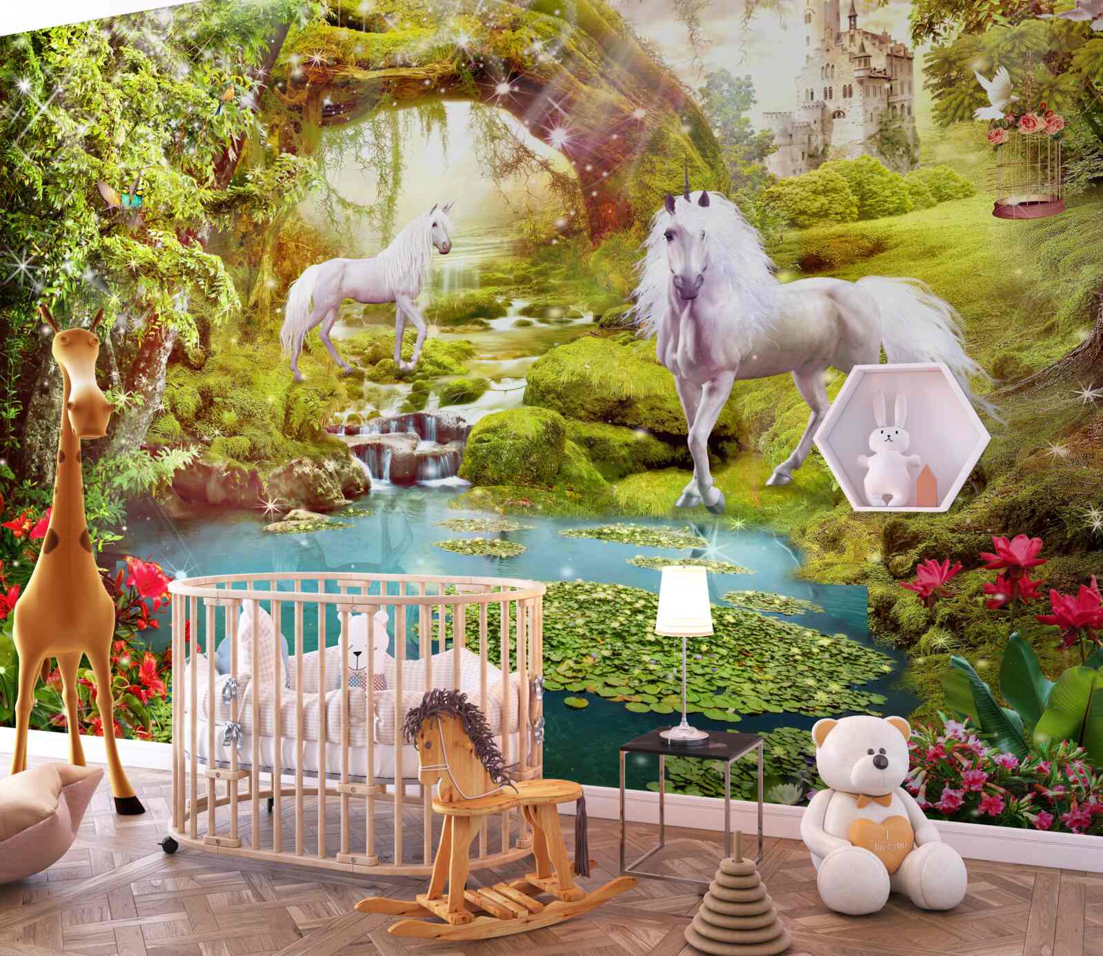 Papier peint licornes blanches près d'un lac dans la forêt