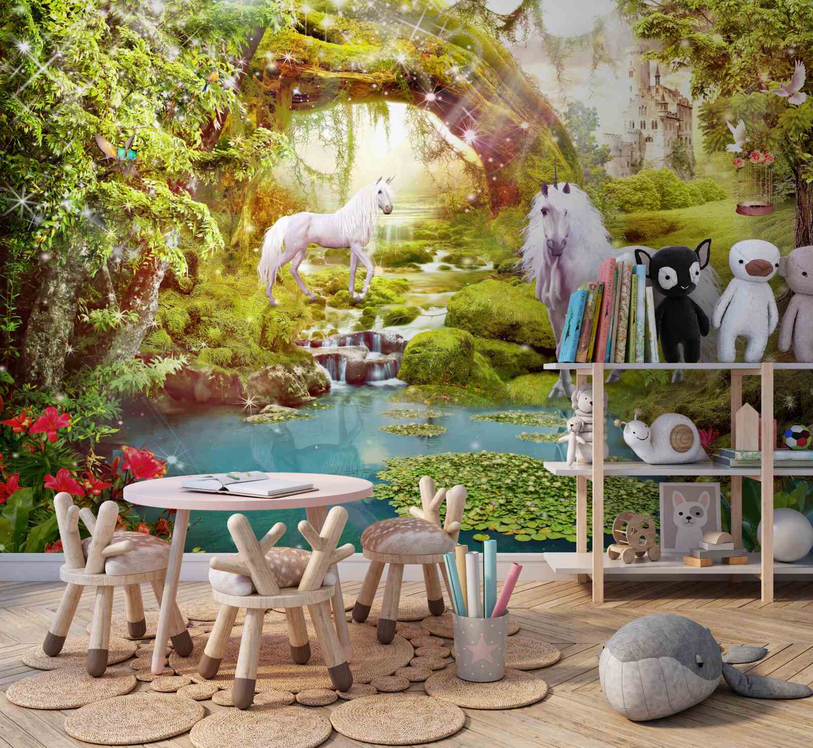 Papier peint licornes blanches près d'un lac dans la forêt