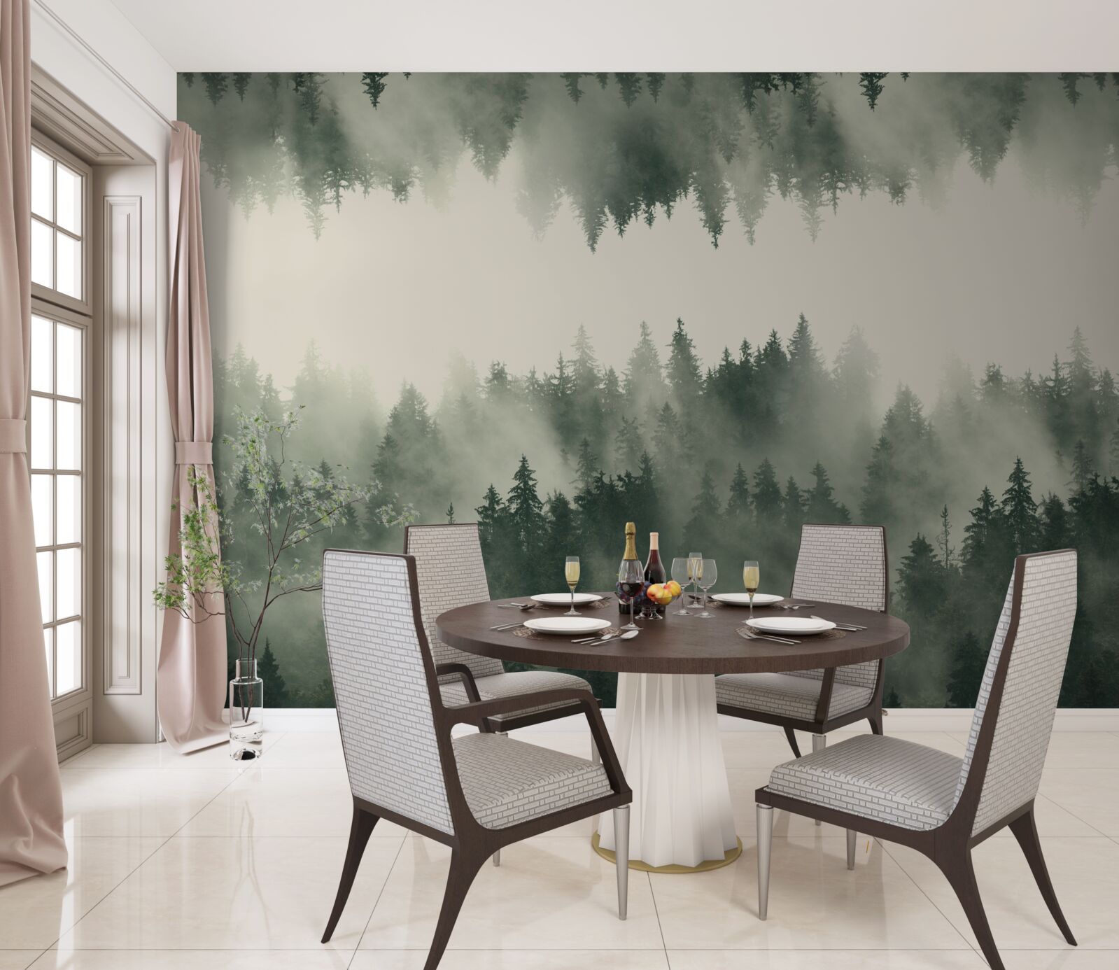 Papier peint forêt brumeuse avec une végétation dense