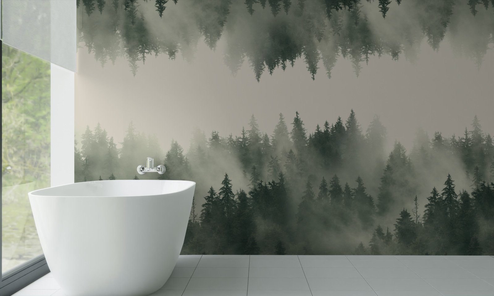 Papier peint forêt brumeuse avec une végétation dense