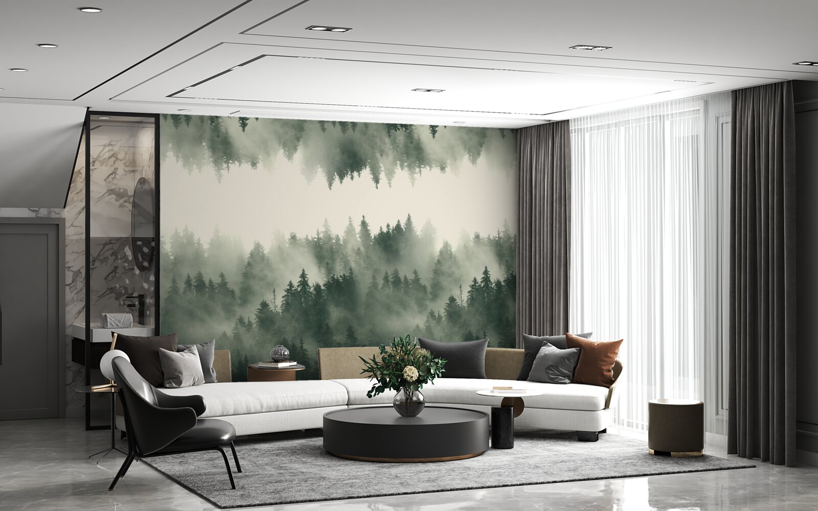Papier peint forêt brumeuse avec une végétation dense
