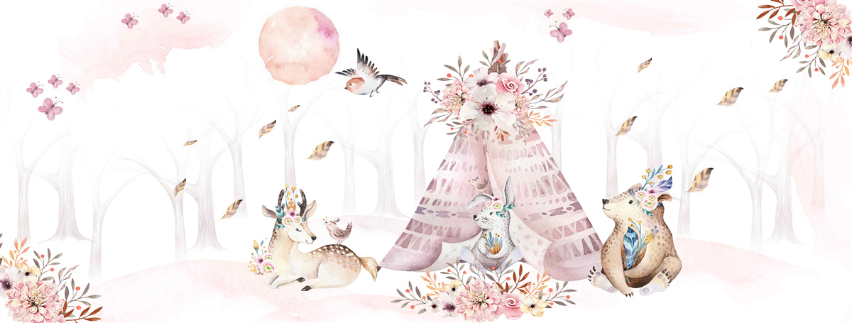 Papier peint animaux rassemblés près d'une tente dans la forêt