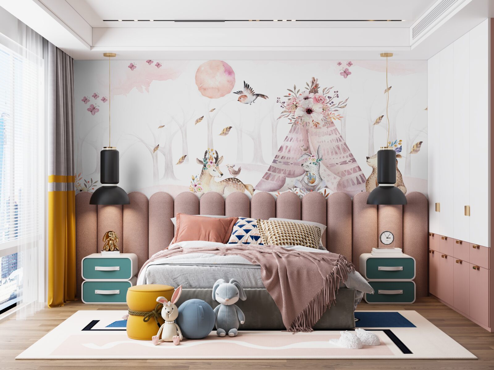 Papier peint animaux rassemblés près d'une tente dans la forêt