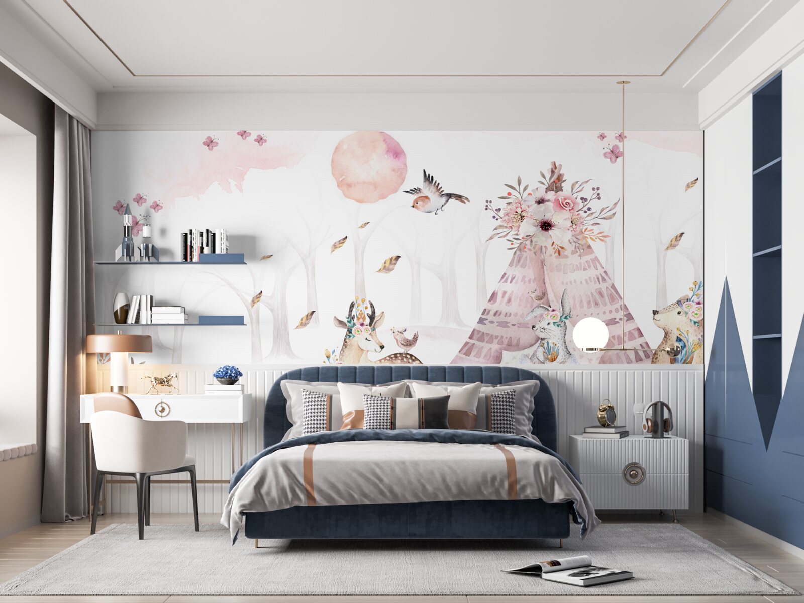 Papier peint animaux rassemblés près d'une tente dans la forêt