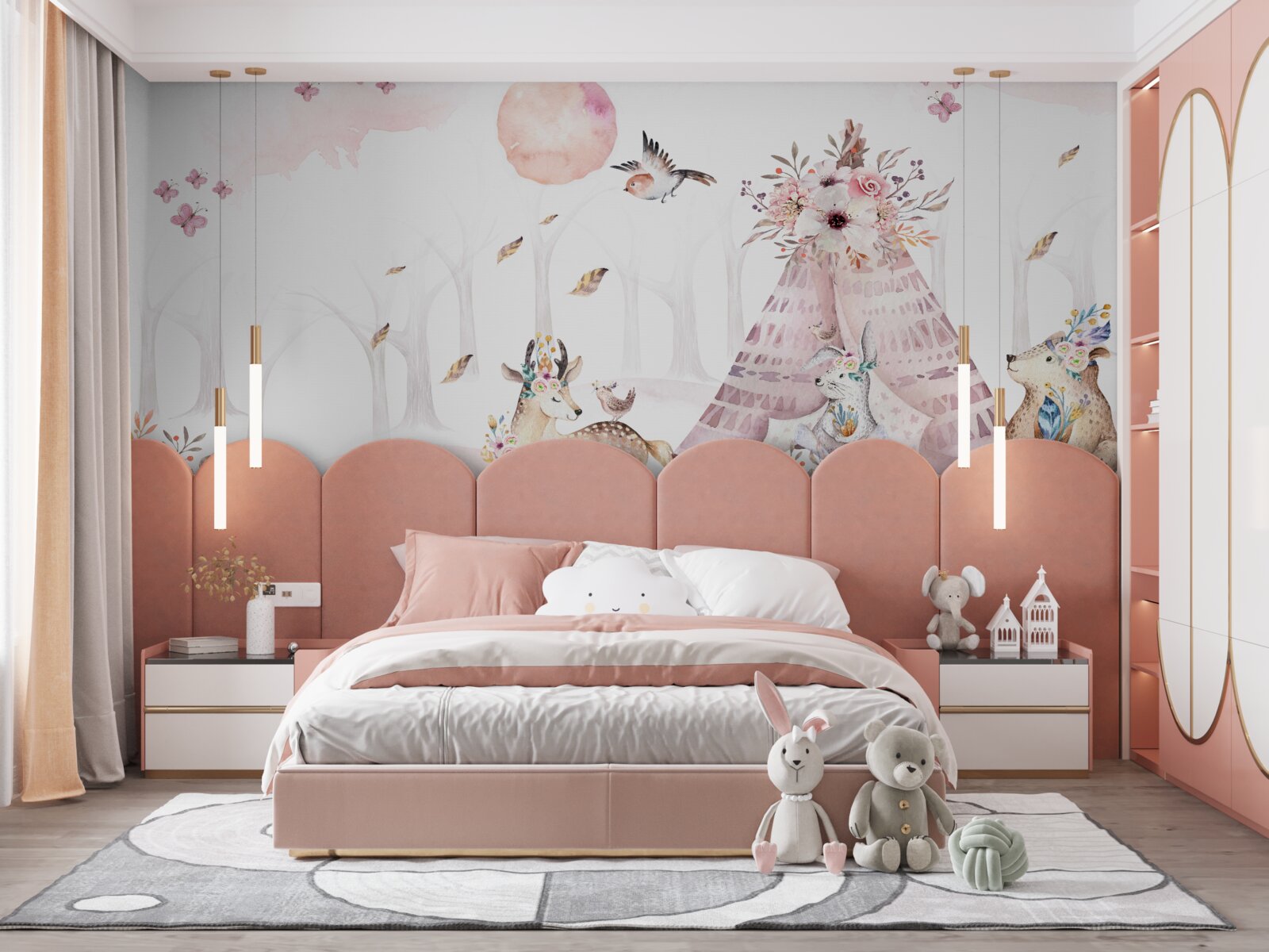 Papier peint animaux rassemblés près d'une tente dans la forêt