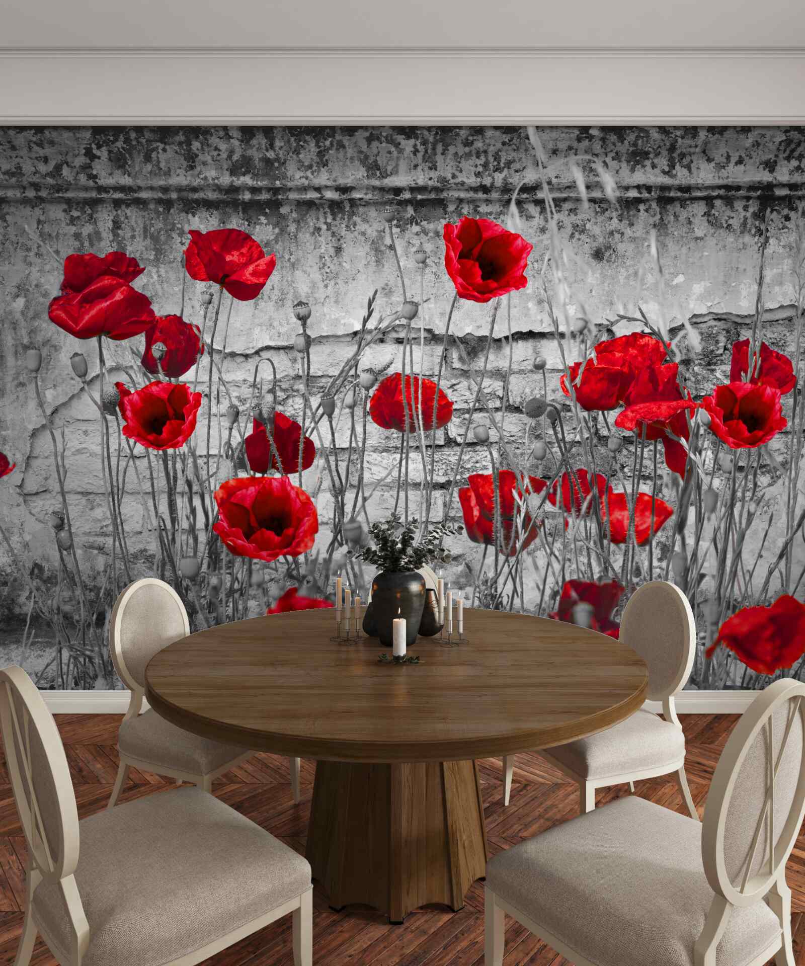Papier peint coquelicots écarlates sur fond gris