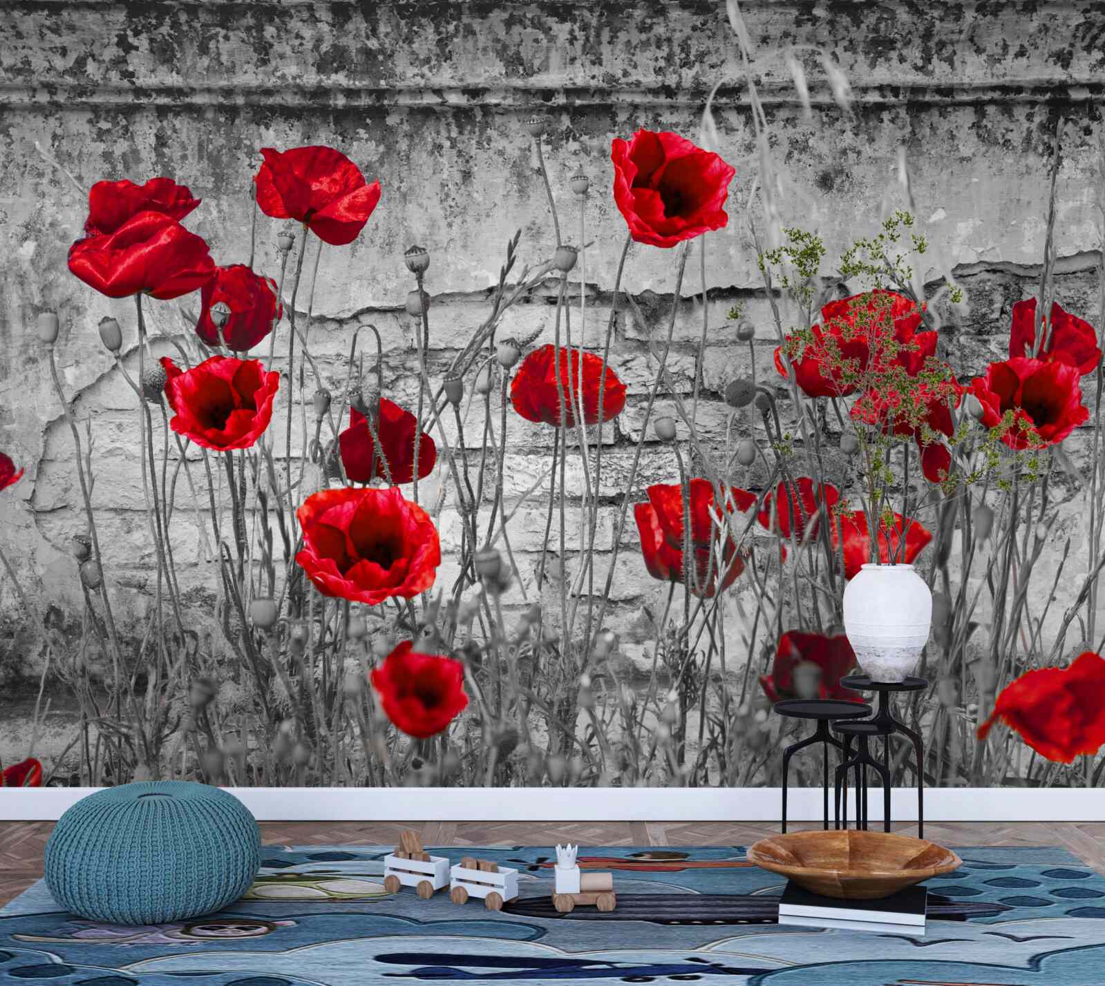 Papier peint coquelicots écarlates sur fond gris