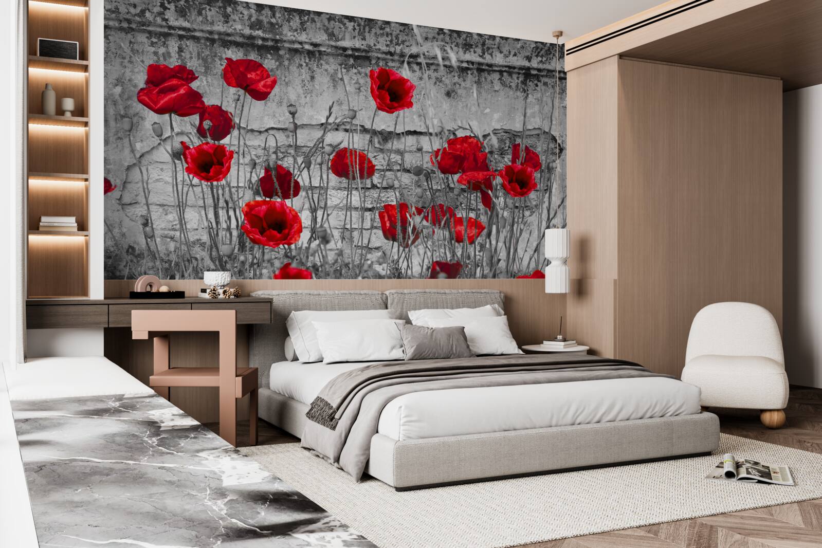Papier peint coquelicots écarlates sur fond gris