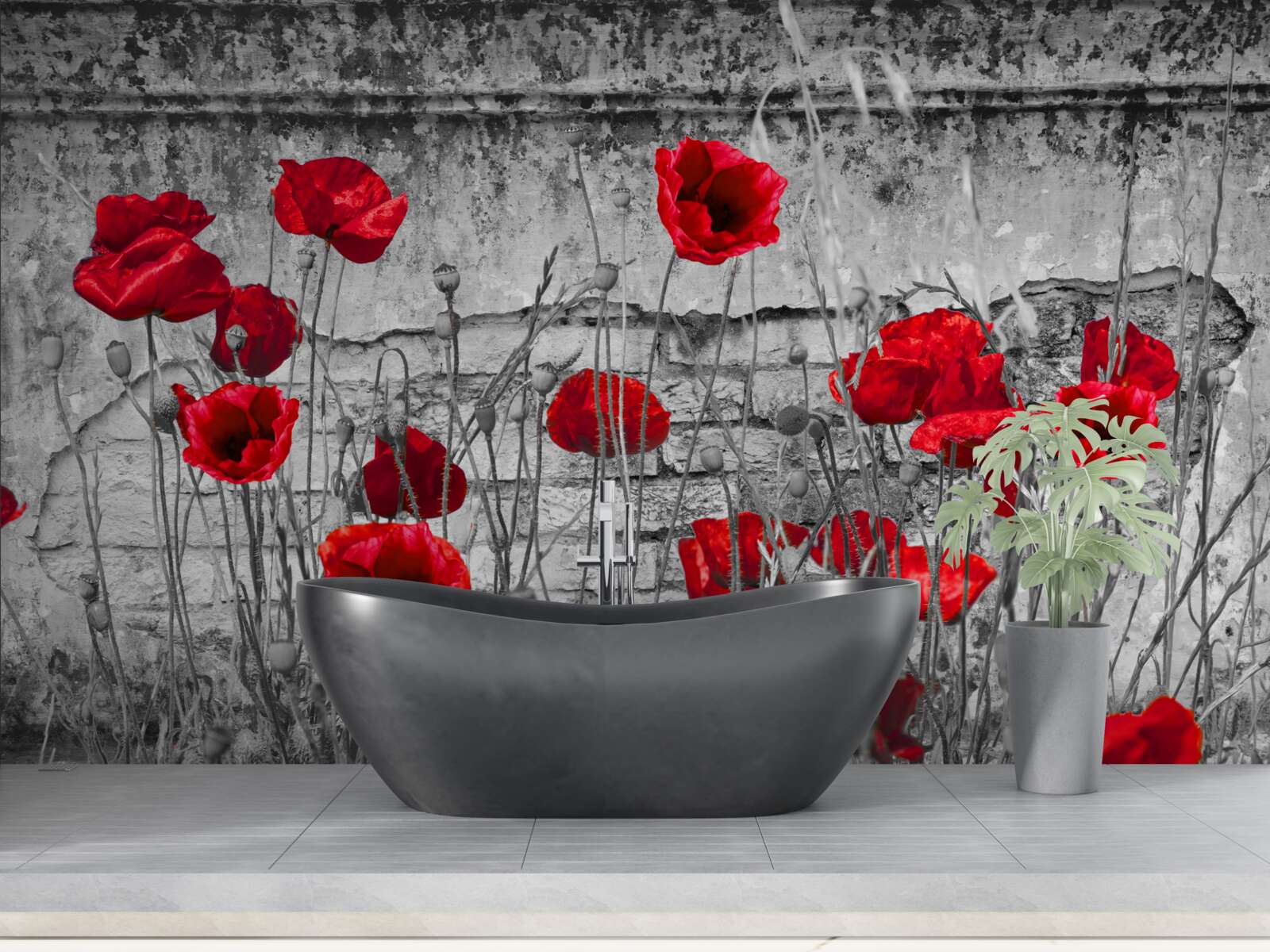 Papier peint coquelicots écarlates sur fond gris