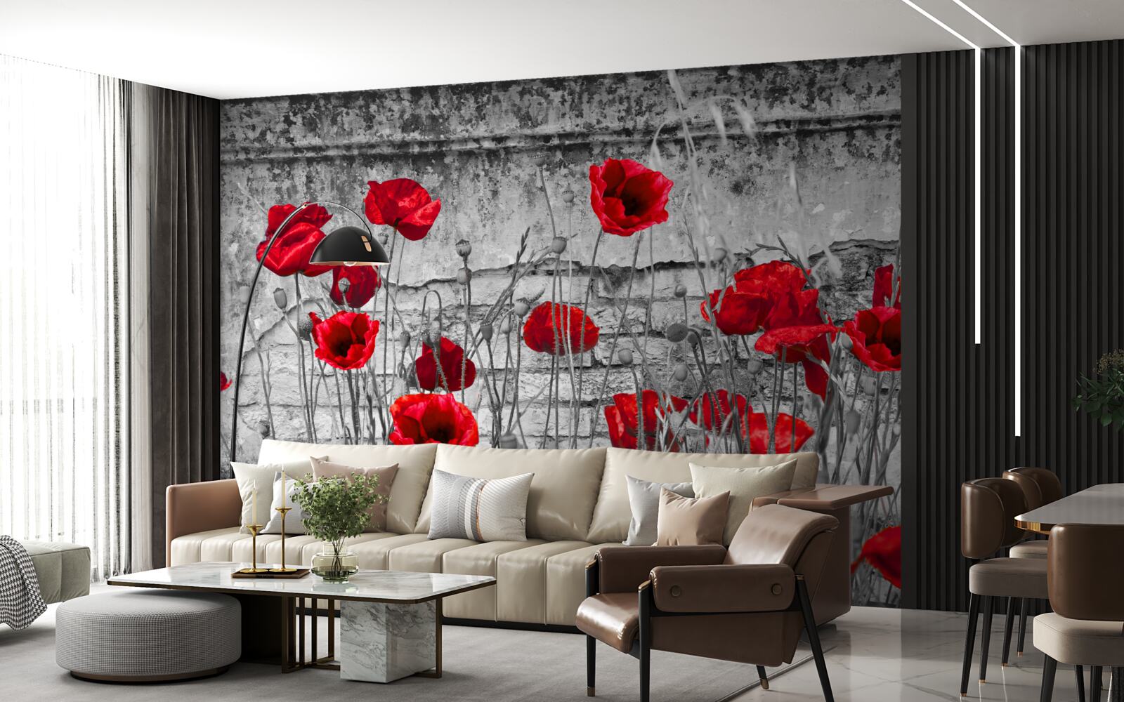 Papier peint coquelicots écarlates sur fond gris