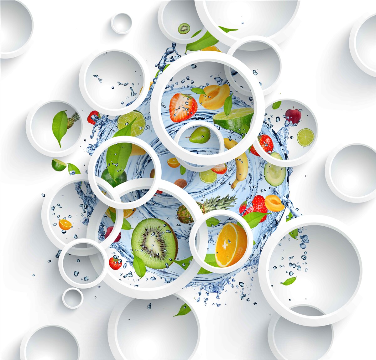 Papier peint cercles blancs et fruits