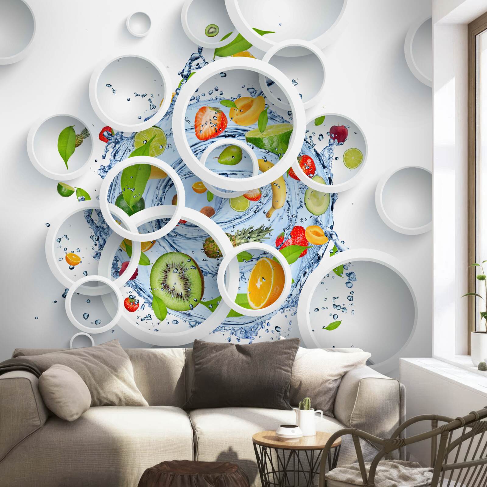 Papier peint cercles blancs et fruits