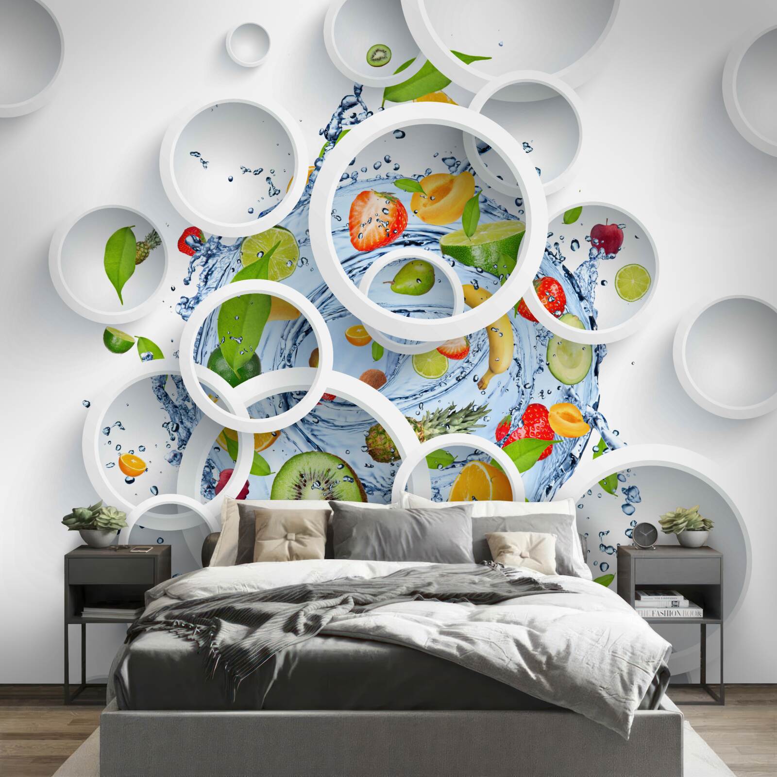 Papier peint cercles blancs et fruits