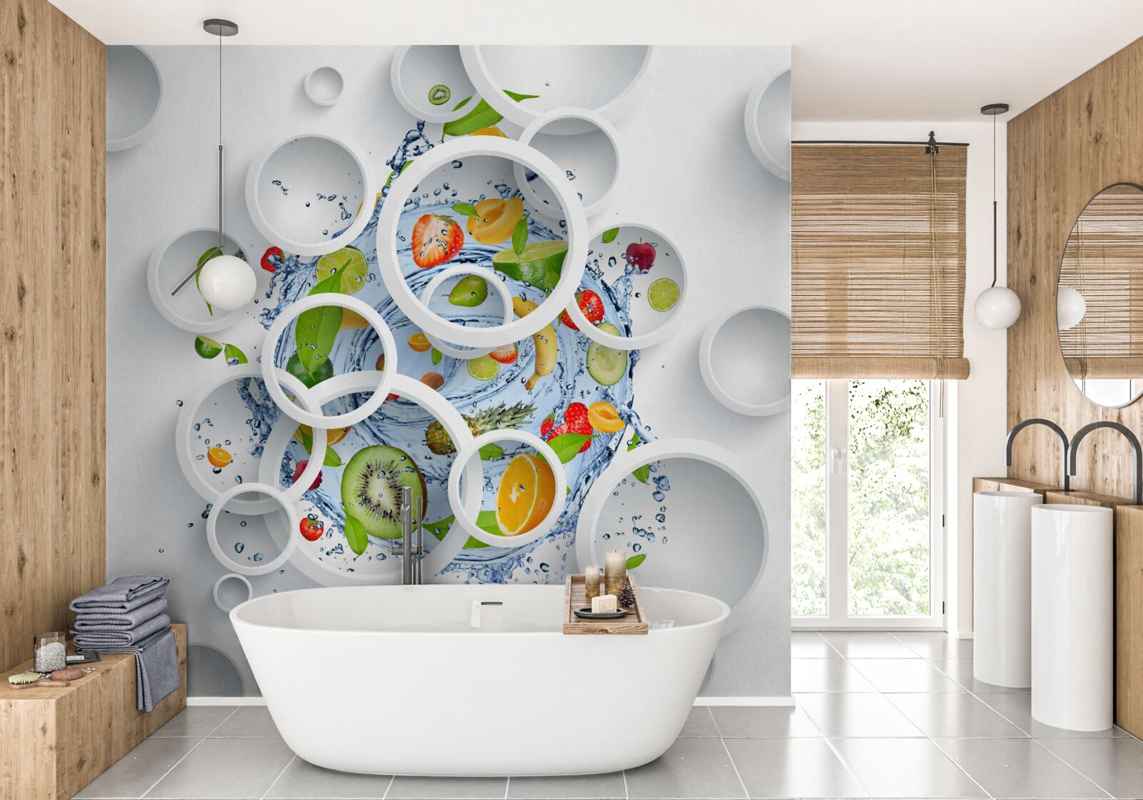 Papier peint cercles blancs et fruits