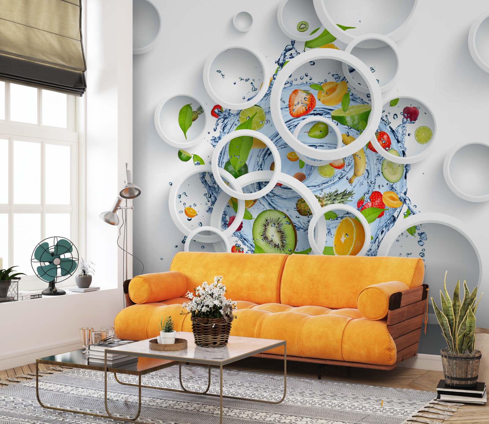 Papier peint cercles blancs et fruits