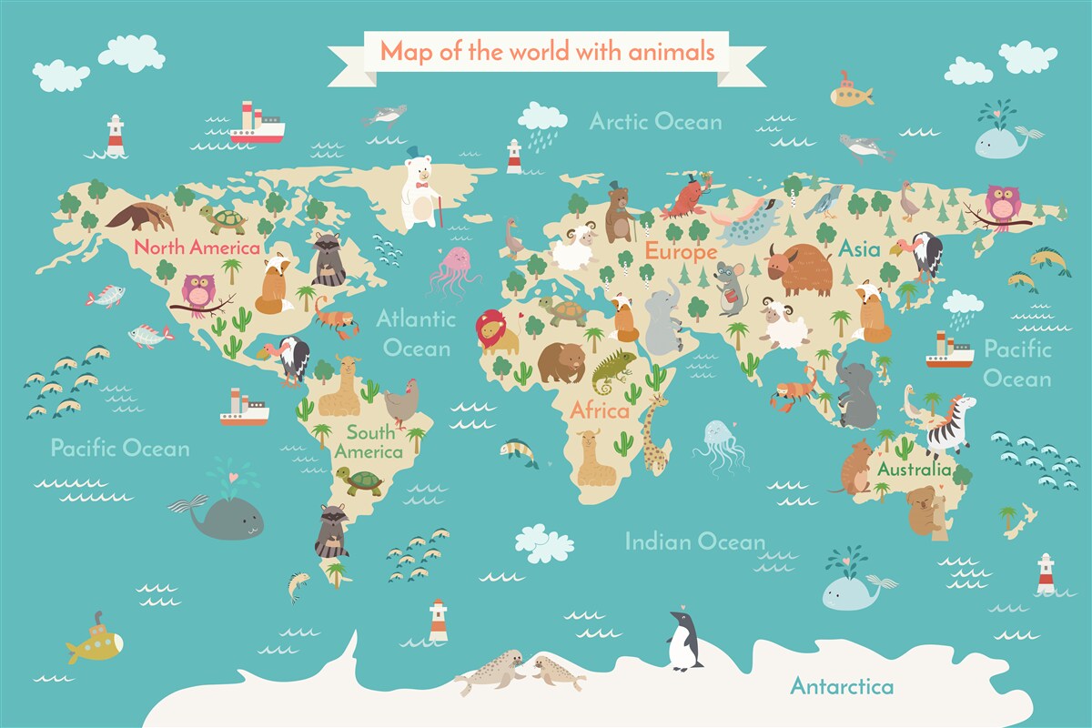 Papier peint carte du monde avec divers éléments détaillés