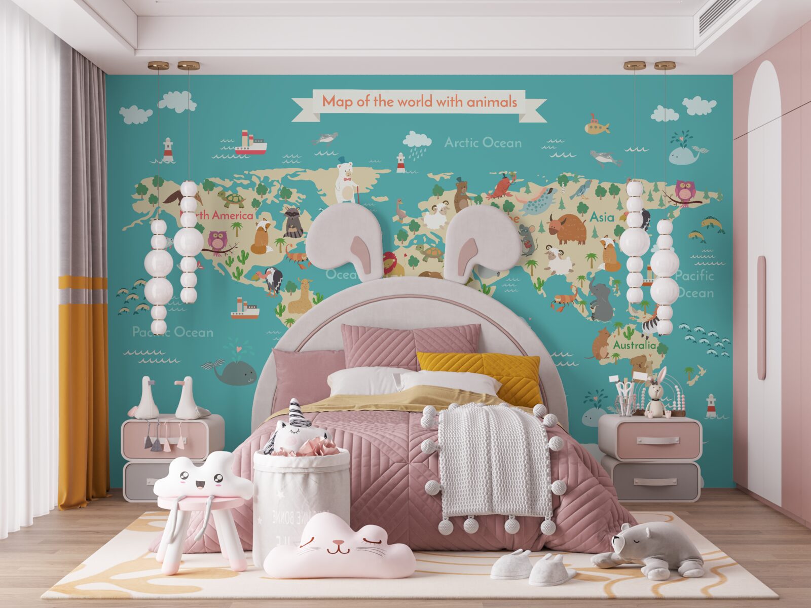 Papier peint carte du monde avec divers éléments détaillés