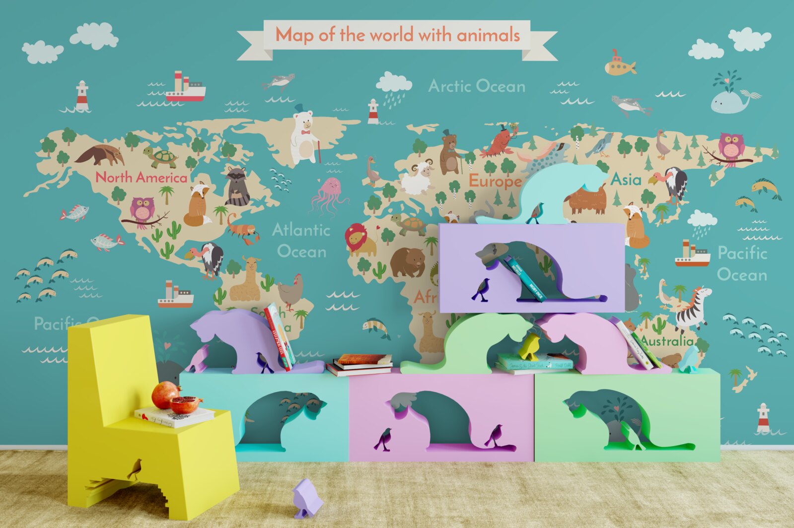 Papier peint carte du monde avec divers éléments détaillés