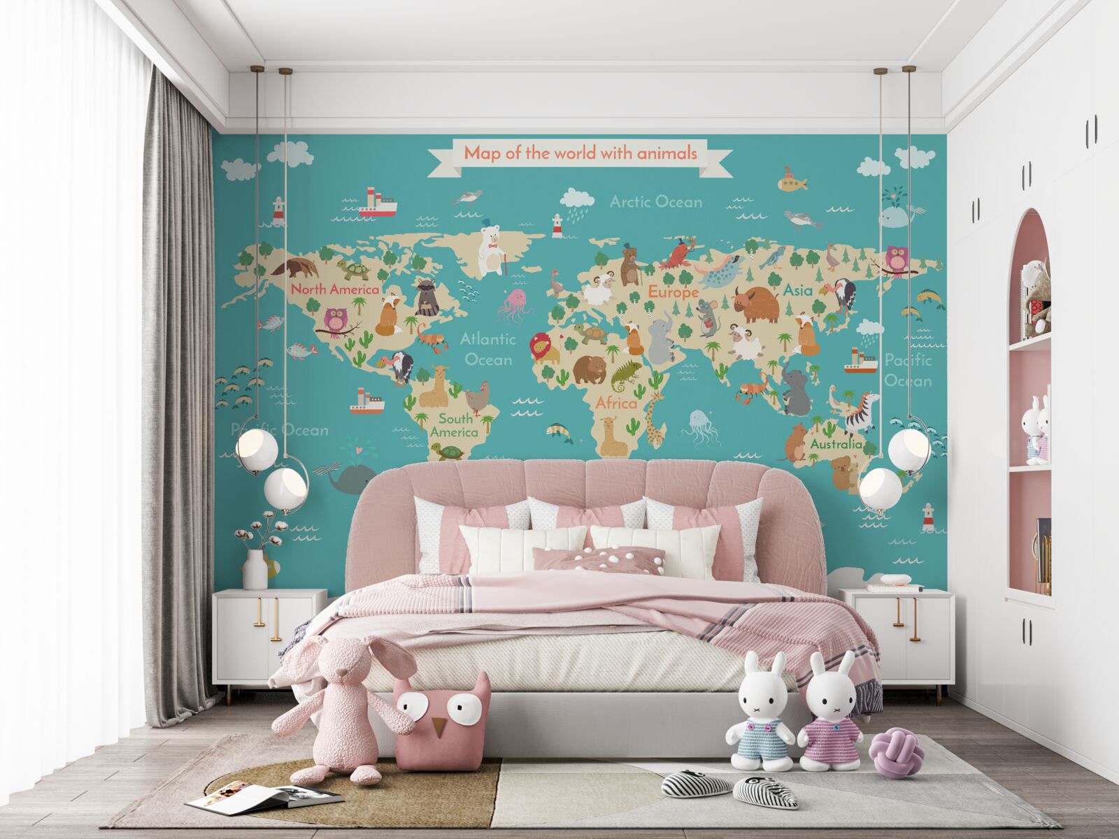 Papier peint carte du monde avec divers éléments détaillés