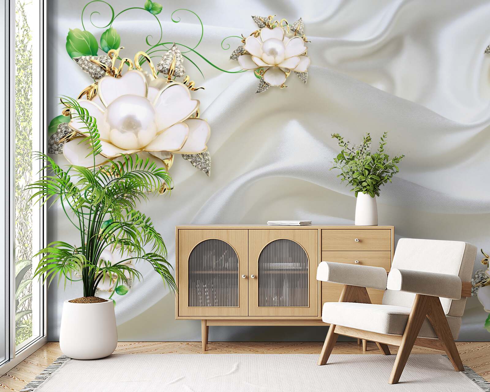 Papier peint des fleurs blanches sont placées sur un fond de satin blanc