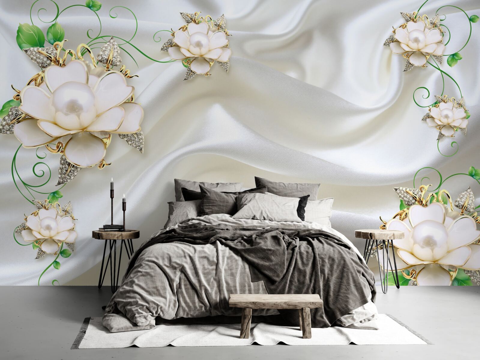 Papier peint des fleurs blanches sont placées sur un fond de satin blanc