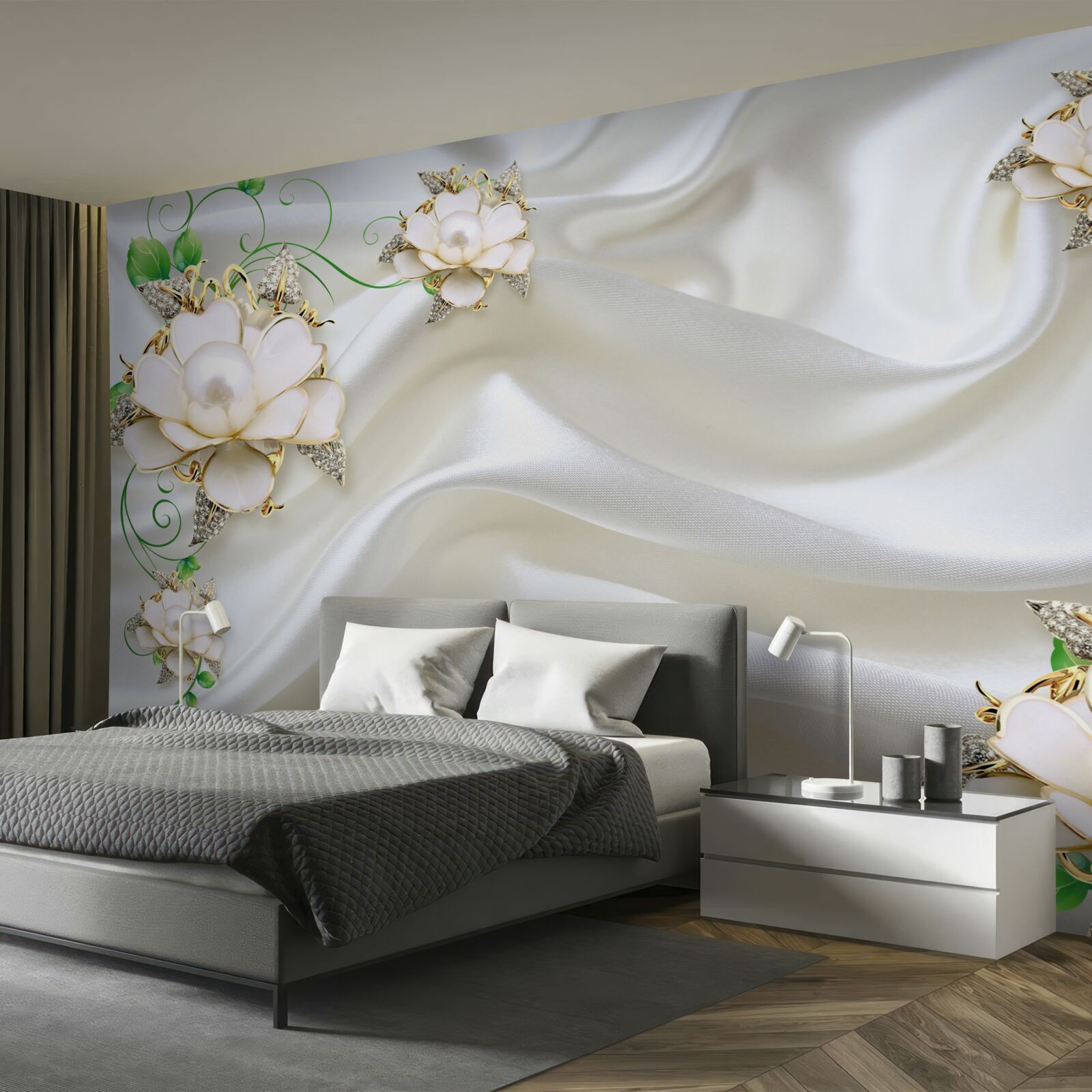 Papier peint des fleurs blanches sont placées sur un fond de satin blanc