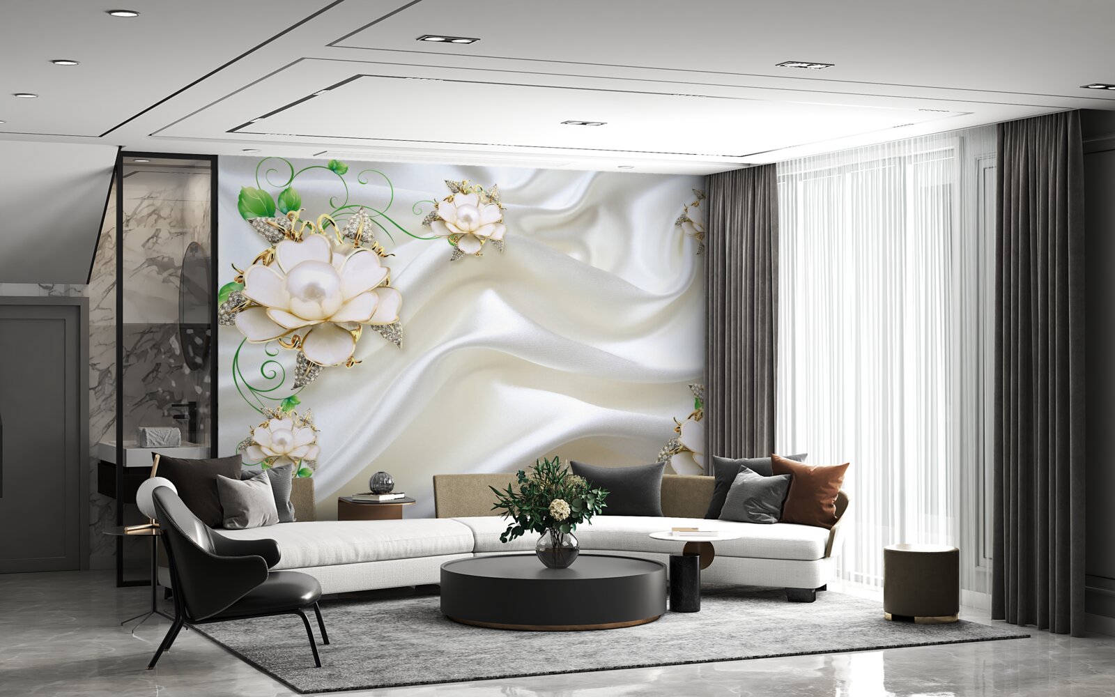 Papier peint des fleurs blanches sont placées sur un fond de satin blanc