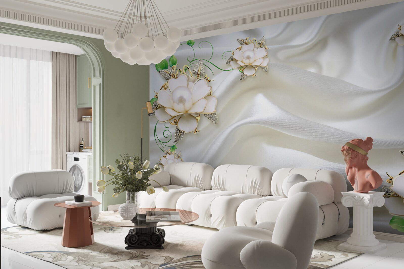 Papier peint des fleurs blanches sont placées sur un fond de satin blanc