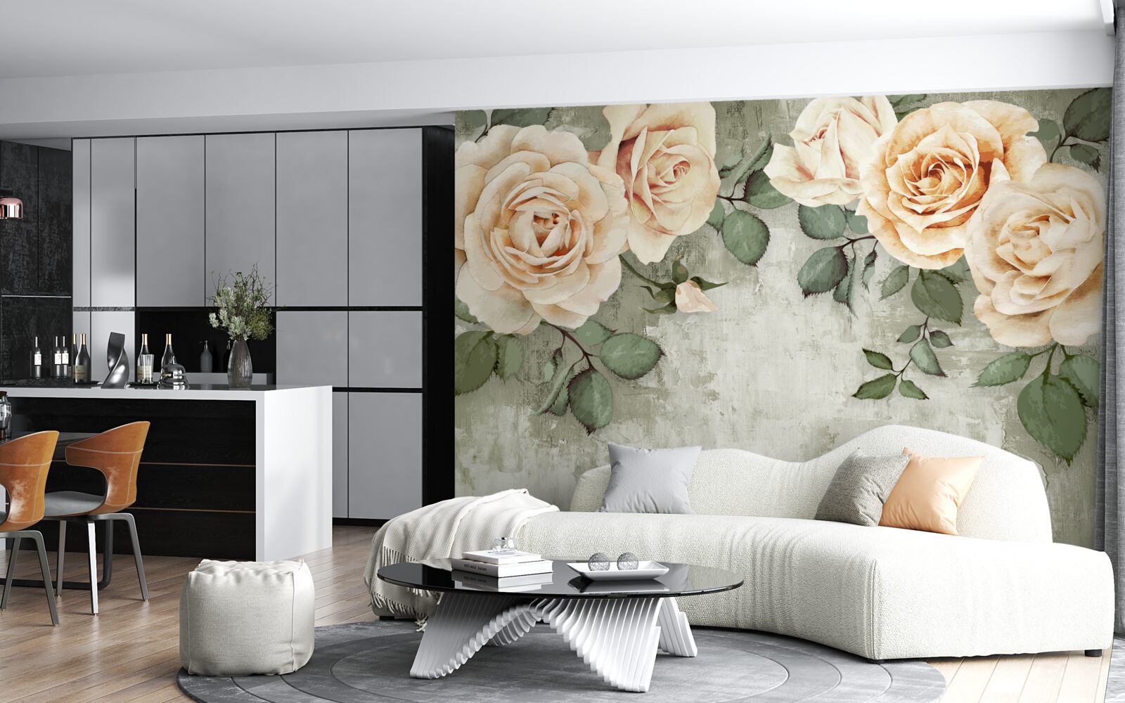 Papier peint roses crème à grandes feuilles vertes