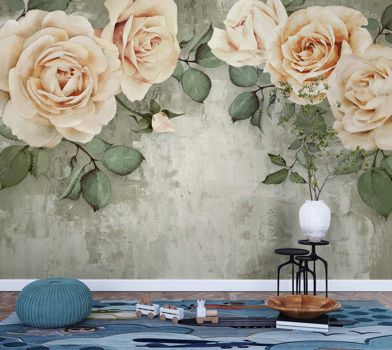 Papier peint roses crème à grandes feuilles vertes